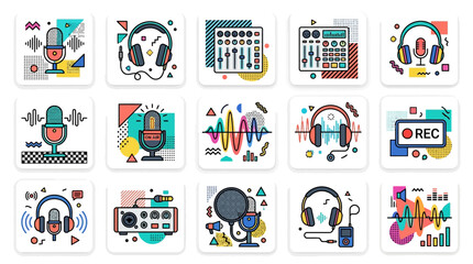 Fototapeta premium Set of flat vector icons featuring audio recording equipment and sound production tools.