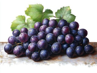 Obraz premium luscious cluster of ripe purple grapes with water droplets and green vine leaves on a rustic wooden surface and white background, fresh and inviting still life