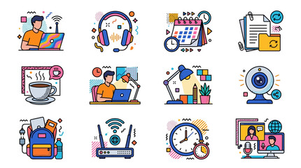Fototapeta premium Set of colorful flat line icons representing remote work and home office activities.