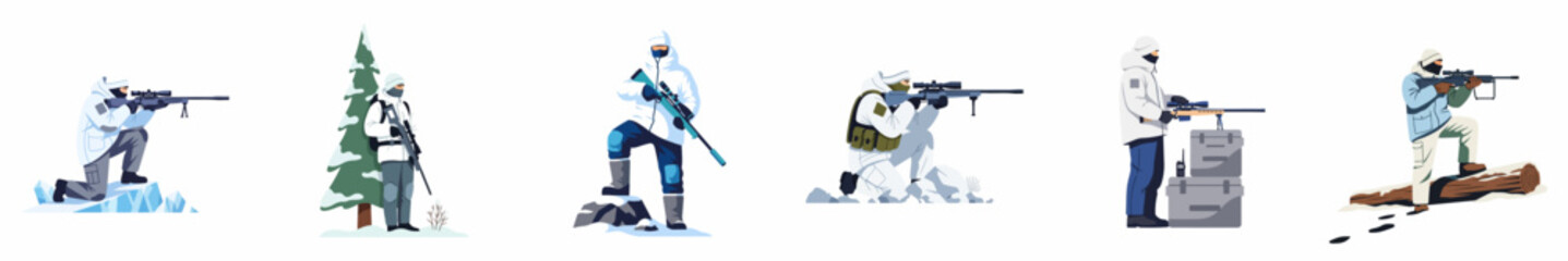 Collection of snipers in white winter camouflage gear and different tactical poses in a snowy environment. © Mairiko