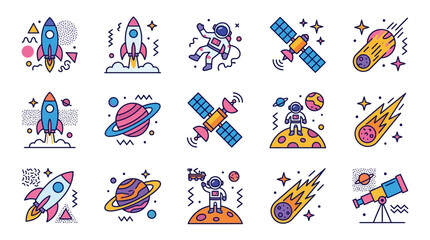 Set of colorful space and astronomy icons featuring rockets planets astronauts and satellites. © Kopi