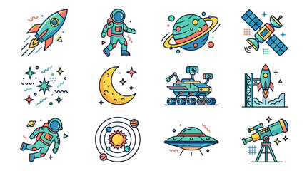 Set of colorful space and astronomy icons featuring astronauts rockets planets and celestial bodies. © Kopi
