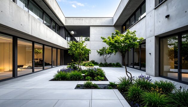 Contemporary open courtyard surrounded by concrete walls with central green plant arrangements under blue sky.