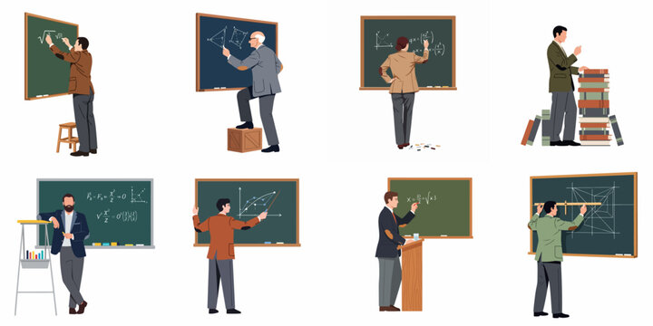 Collection of male and female professors and teachers illustrating mathematics, physics, and geometry on chalkboards in diverse classroom scenarios.