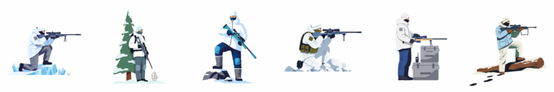 Collection of snipers in white winter camouflage gear and different tactical poses in a snowy environment.