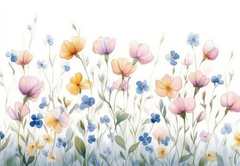 Naklejka premium airy watercolor meadow of delicate pink, yellow, and blue wildflowers with slender green stems and leaves, evoking calm gentle joy
