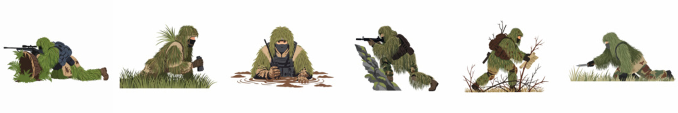 Set of tactical military snipers and special forces in ghillie suits performing various missions, including scouting, sniping, and communicating in different outdoor environments.