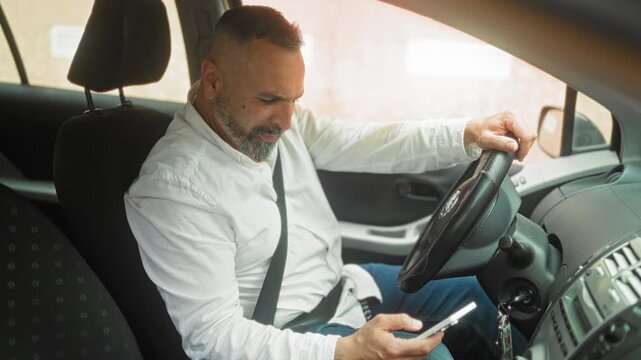 Man holds smartphone with right hand and left hand on steering wheel, seatbelt fastened inside parked car on street; distracted commute safety.
