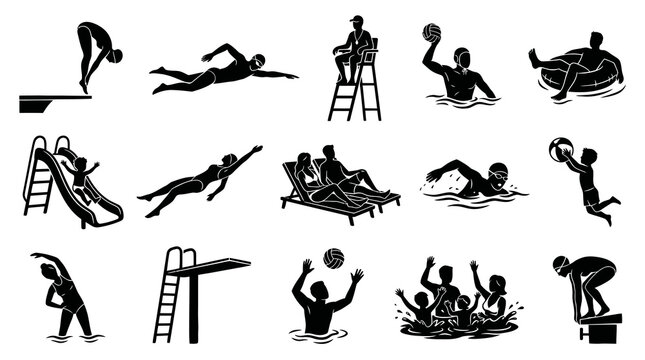 Swimming and Water Sports Glyph Icons Set - Swimmers, Divers, Lifeguard  Pool Activities Silhouettes