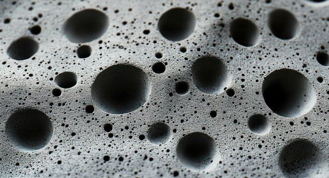 macro close-up of a gray porous surface with varied round cavities and tiny pits, textured and craterlike, evoking curiosity and a mysterious otherworldly feeling