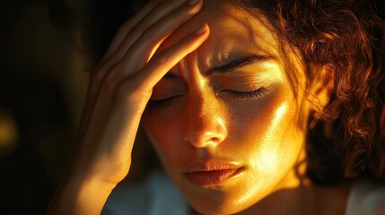 Fototapeta premium Close-up of a person with hand on temple, warm orange light on curly hair and skin, moody intimate contemplative atmosphere with a central square obscuring the face