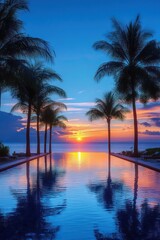 Fototapeta premium Colorful sunset over the ocean framed by palm trees and an infinity pool reflecting the sky, evoking serene tropical calm and peaceful relaxation