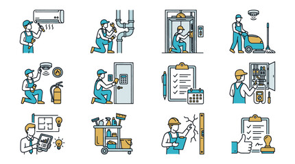 Fototapeta premium Set of icons representing maintenance and repair services, including HVAC, plumbing, electrical, and cleaning.