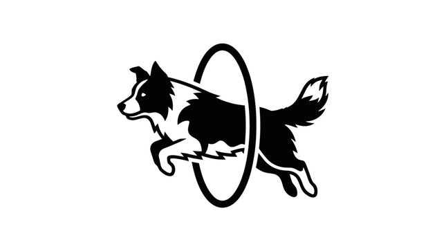 Bold silhouette of dog jumping through a hoop.