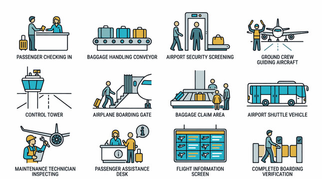 Collection of diverse business and technology process flowchart icons in flat design.