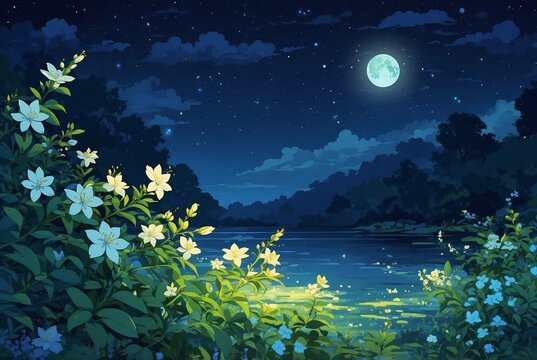 Soft sapphire colors of moonlit night time wild jasmine with a flat illustration in a clip art style