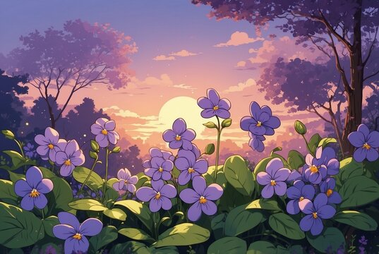 Soft lilac colors of cool evening time wild violets with a flat illustration in a clip art style