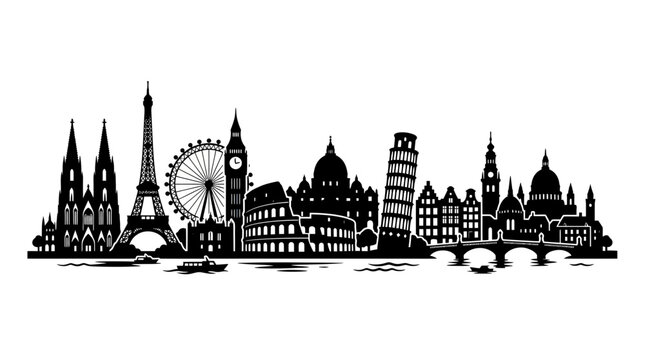 European City Skyline Silhouette Black and White Vector Art