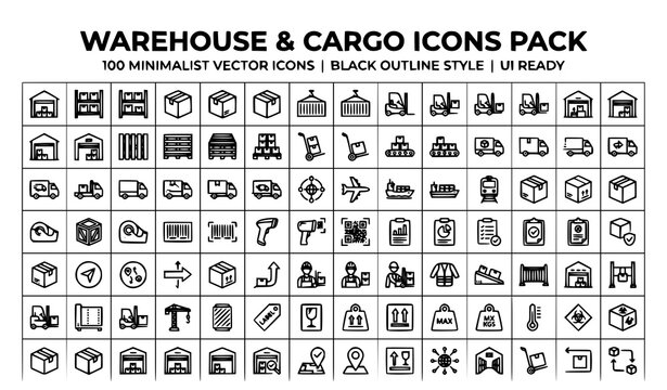 Modern Warehouse and Cargo Outline Icon Pack with Goods Storage Logistics Symbols