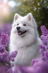 Fototapeta premium joyful white fluffy dog surrounded by purple lilac blossoms in a sunlit garden