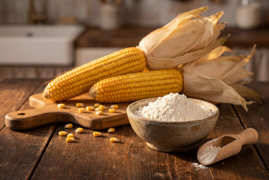 Ceramic bowl of white cornstarch and fresh corn cobs on a dark rustic wooden table