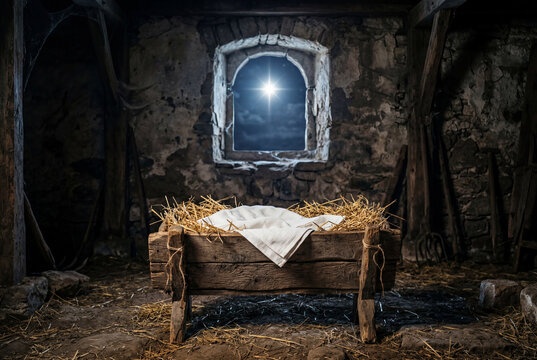 Empty wooden manger in a dark stable with a bright star outside