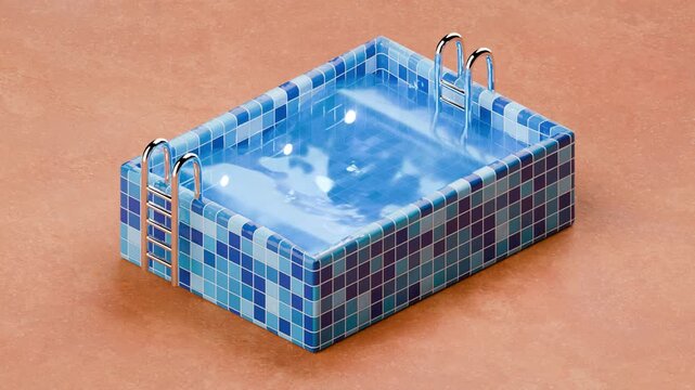 3d tiled isometric swimming pool with wavy water, smooth concrete floor