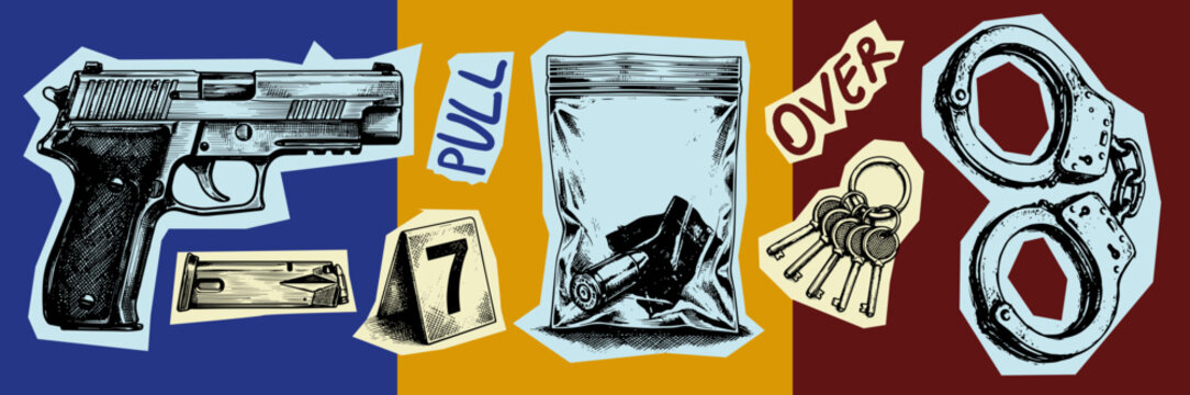 Crime investigation evidence collection featuring handgun ammo plastic bag evidence marker keys and handcuffs illustration investigation evidence handcuffs detective forensic security