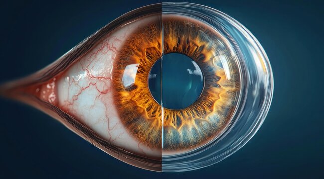 Close-up split view of a human eye: fiery amber iris and bloodshot sclera on one side, transparent domed contact lens overlay on the other, evoking clinical wonder
