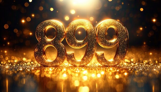 large glittering golden numbers 899 on a reflective sequin surface with sparkling bokeh lights, festive luxurious celebratory mood