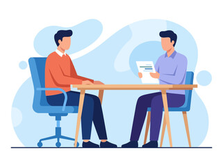 Fototapeta premium Job interview illustration featuring HR manager and candidate at a desk for recruitment and hiring concepts.