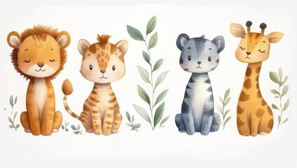 Fototapeta premium Watercolor nursery illustration of four smiling baby safari animals (lion cub, spotted cub, gray striped cub, giraffe) sitting among green leaves, cheerful and gentle