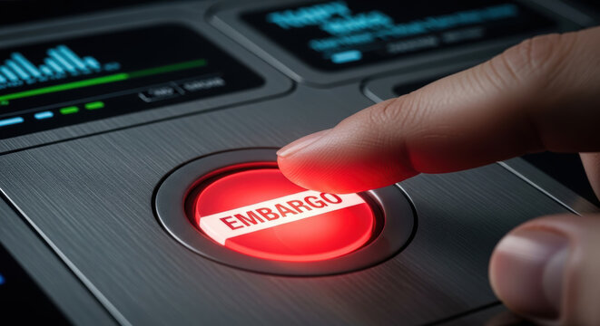 Geopolitical risk assessment concept with finger pressing embargo button on control panel highlighting tension and decision making
