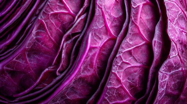 95.Close up food texture of cut red cabbage, detailed veins and layers visible, bold color contrast, natural organic background