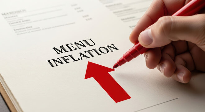 Menu inflation concept with red arrow and hand holding marker showing inflationary pressures affecting consumer choices in restaurant pricing