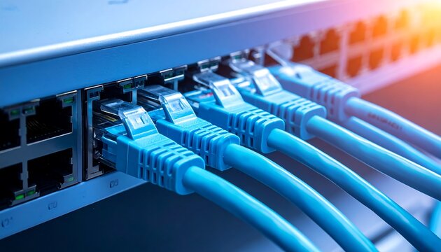 Close-up of a network switch with connected blue ethernet cables, showing technology's inner workings