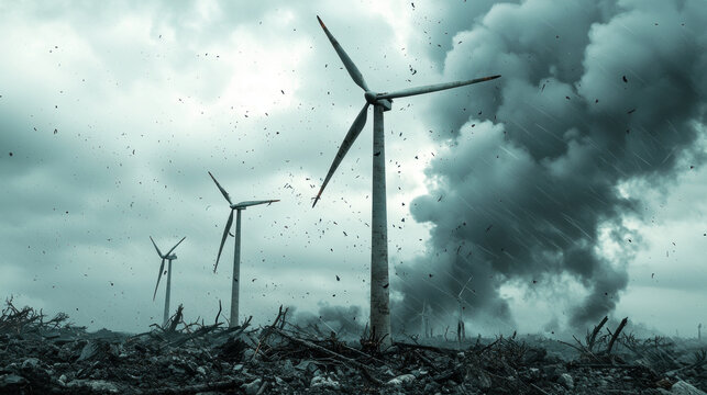 Bleak wind turbine landscape showing pollution, destruction, and smoke. dystopian, apocalyptic disaster for environment
