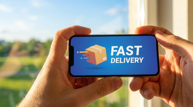Fast delivery concept on smartphone screen held by hands with online access to technology for quick shipping service