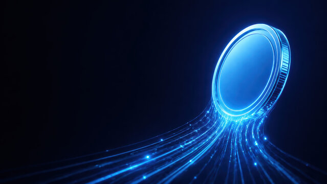 Digital coin with glowing blue light trails symbolizes savings plan for futuristic financial growth and investment opportunities technology driven