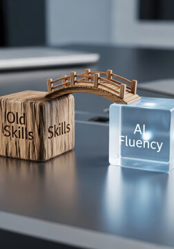 Old skills and new AI fluency connected by wooden bridge symbolize workforce reskilling and automation for future job success and innovation