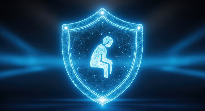Eldercare protection concept with ai technology shield and digital elderly person icon glowing in futuristic blue light