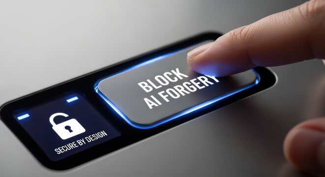 Block AI forgery button with finger pressing for deepfake detection technology security concept on keyboard