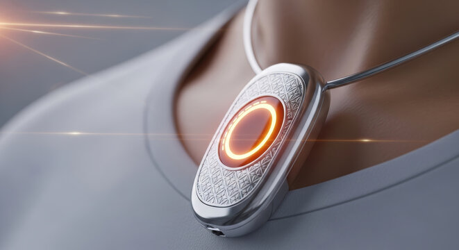 Ai eldercare wearable emergency alert device with glowing orange light for senior safety and health monitoring