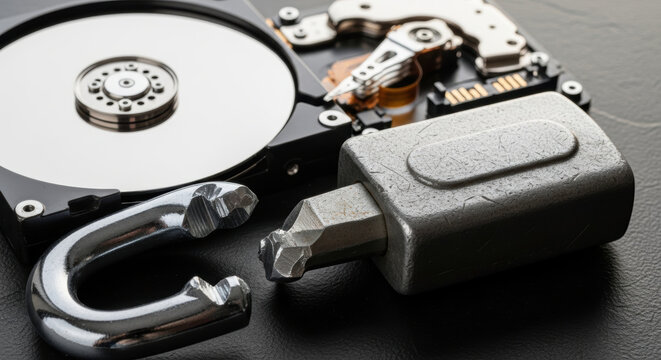 Data privacy concerns concept with broken lock and hard drive showing security risk and vulnerability in technology