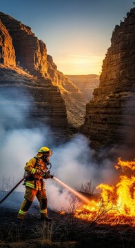 Protective gear combats flames within parched gorge underbrush, showcasing tactical wildfire suppression amidst smoke and rugged rock faces, helmet, haze, smoke