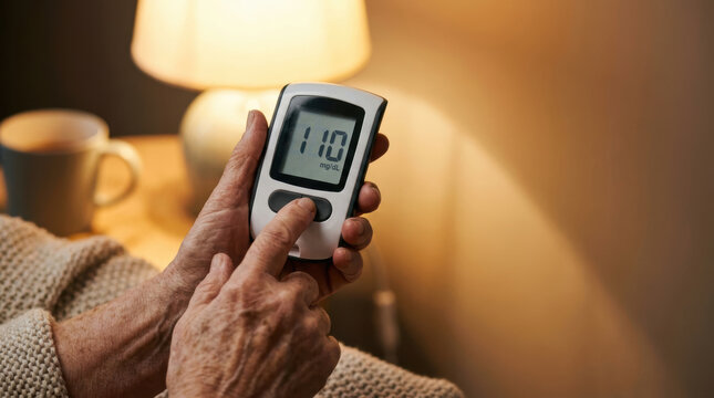 Blood glucose meter diabetes elderly person home care health monitoring medical device hand indoor lighting warm tone cup blanket lamp close up