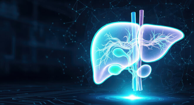 Fatty liver disease concept with glowing human liver anatomy and digital network background showing medical health care technology