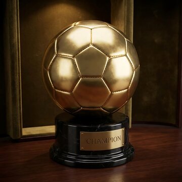 Golden soccer ball trophy standing on a black pedestal in a dark wooden display case setting