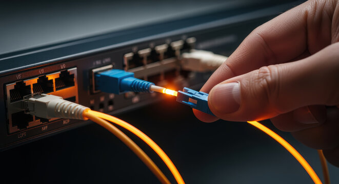 Fiber optic cable connection shows skill in network setup and gap analysis for efficient data transfer and communication technology