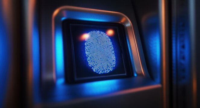 Close-up of a glowing blue fingerprint on a biometric scanner embedded in a metallic access panel, evoking secure, futuristic and precise technology